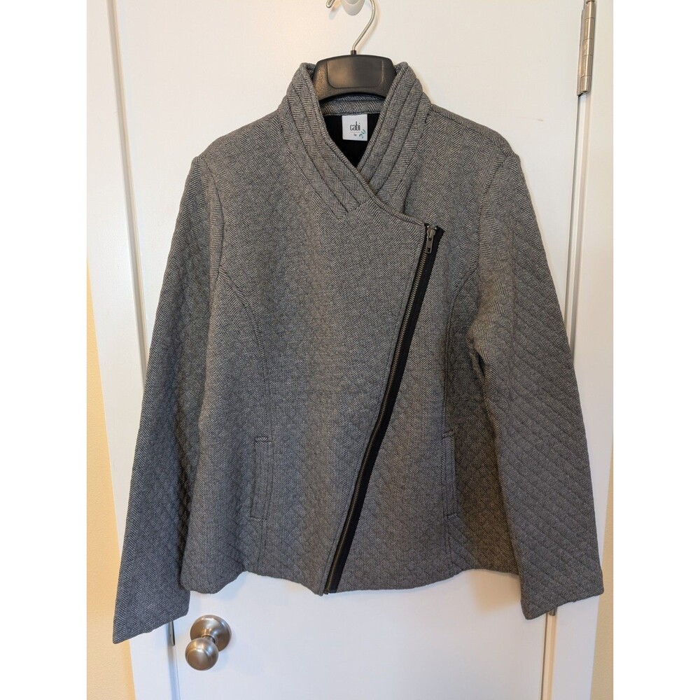Cabi Quilted Herringbone Jacket Asymmetrical Style 3025 Lg Gray Classy Chic Moto